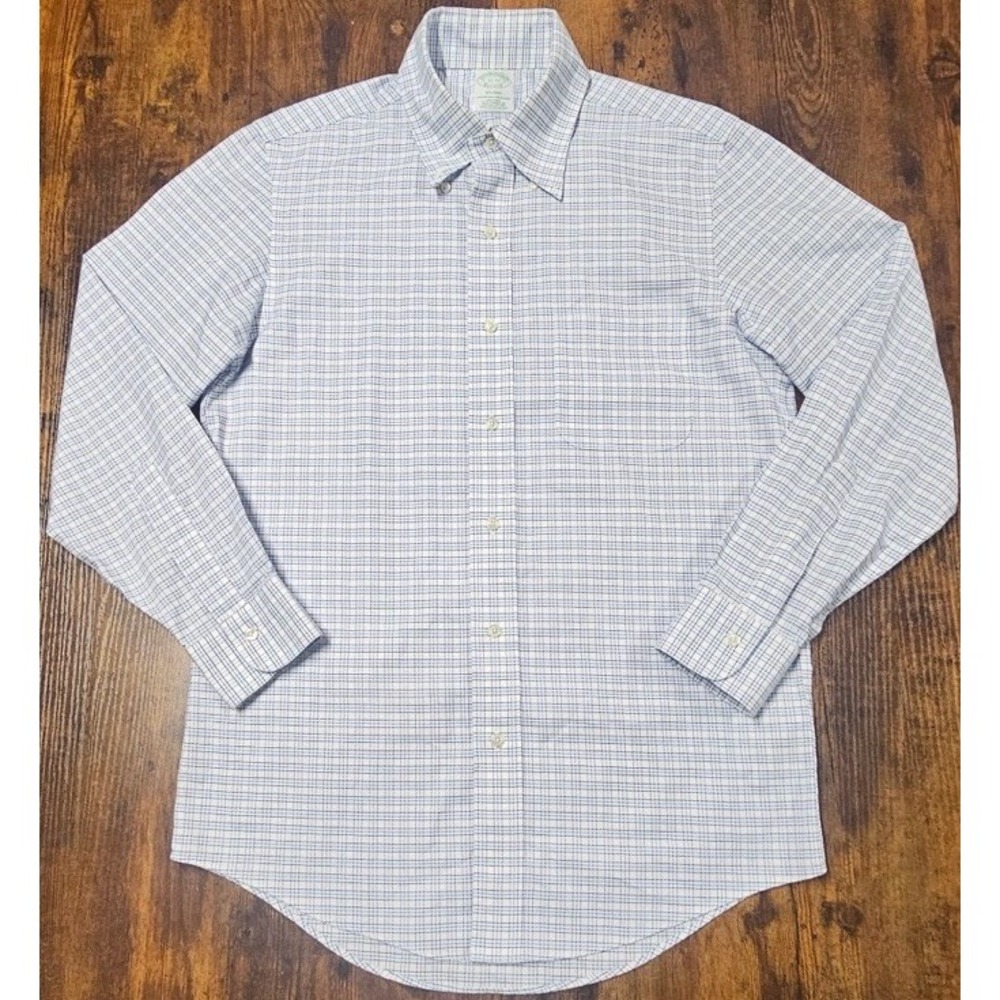 Brooks Brothers Milano Blue/White Check Long Sleeve Button-Up Shirt Size 15-32